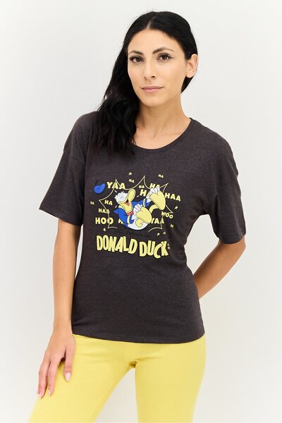 Zivame ملابس نوم نسائية بأكمام قصيرة وطبعة جرافيكية من ديزني x، لون رمادي غامق