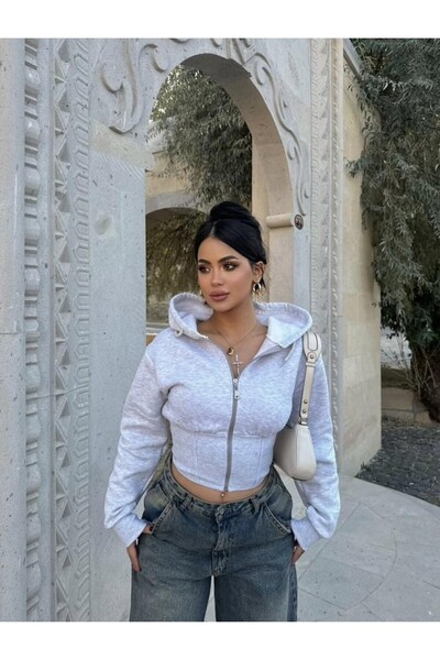 Crystal Life Gray Waist Corset Hooded Cardigan