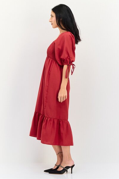 Brave Soul Women Shirred Midi Dress, Red