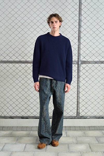 GIESTO Regular Fit Ribbed Navy Blue Knitwear Sweater