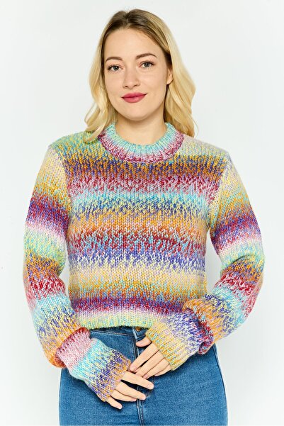 NIA Women Crew Neck Knitted Sweater, Red Combo