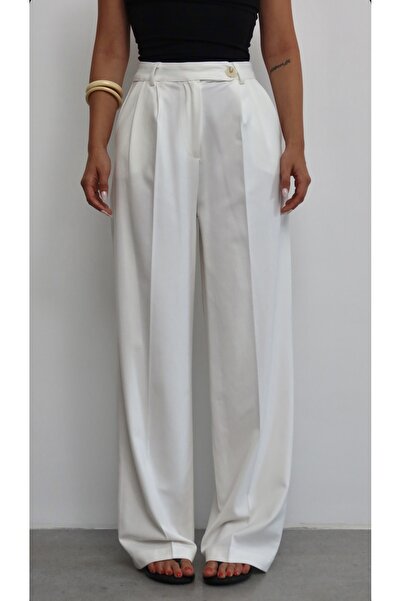 Zey Studio Women's White High Waist Button Detailed Palazzo Trousers