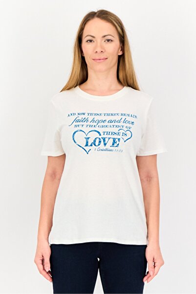 Forever 21 Women Crew Neck Short Sleeves Graphic Print T-Shirt, White