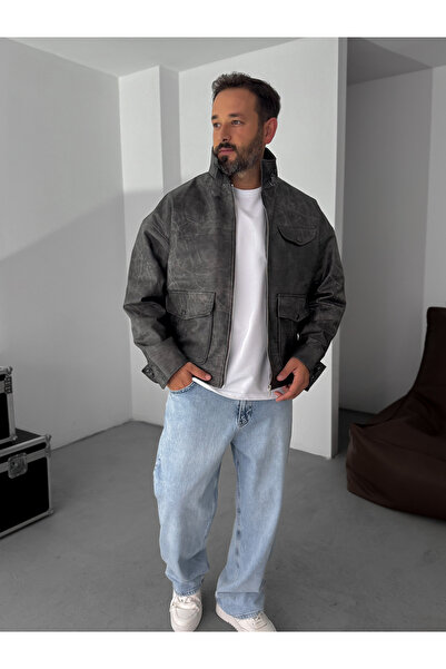 BYBASICMAN Μαύρο δερμάτινο παλτό με διπλή τσέπη EP-7301