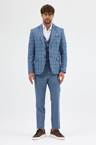 Frappoli Pakito Indigo Plaid Patterned Mono Collar Slim Fit Double Slit Lined Suit