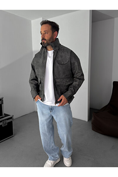 BYBASICMAN Μαύρο δερμάτινο παλτό με διπλή τσέπη EP-7301