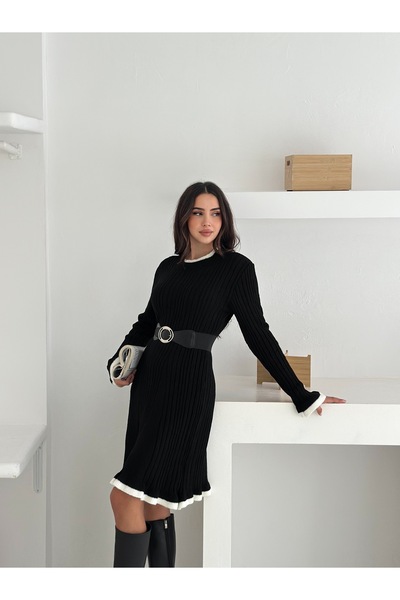 b buhari bykoc Belted Ribbed Crew Neck Knit Dress