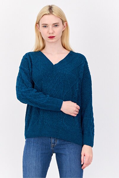 PİNK ROSE Women V Neck Long Sleeves Textured Sweaters, Teal Blue