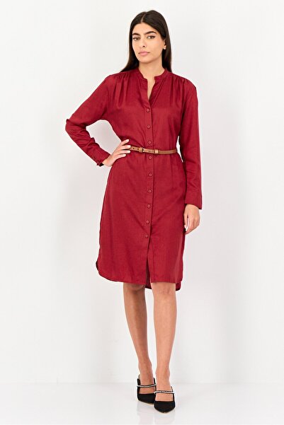 Levi's Women Solid Belted Shirt Dress, Dark Red