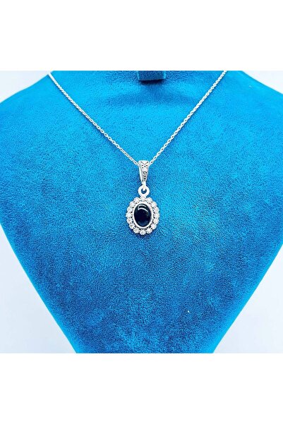 tesbihpasaji Oval Zirkon ve Oltu Taşı İşçilikli 925 Ayar Gümüş Kolye