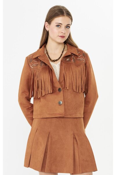 MODA Süet Nakışlı Püsküllü Ceket Taba