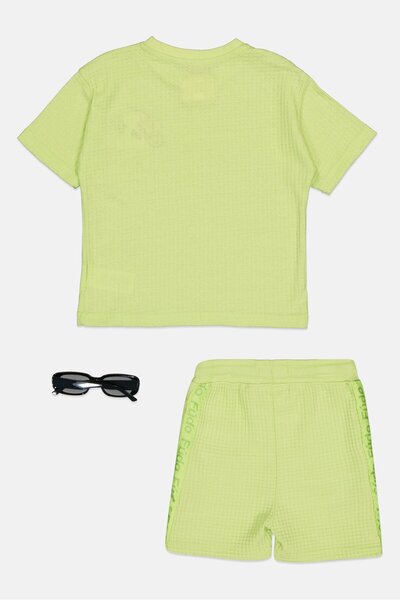 Fudo Toddlers Boy 3 Pieces Embroidered Logo T-Shirt And Short Set With Sunglasses, Lime Green