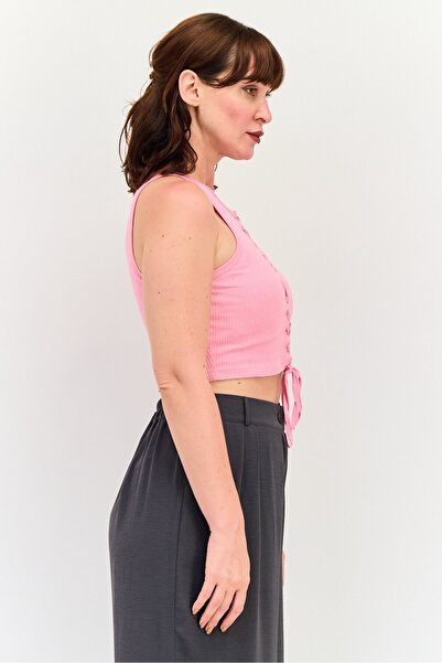 Sinsay Women Round Neck Sleeveless Textured Tank Top, Pink