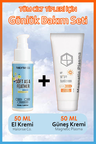MAGNETİC PLASMA Tüm Cilt Tipleri için 50spf Güneş Kremi ve Halorise Co. El Kremi Cilt Bakım Seti