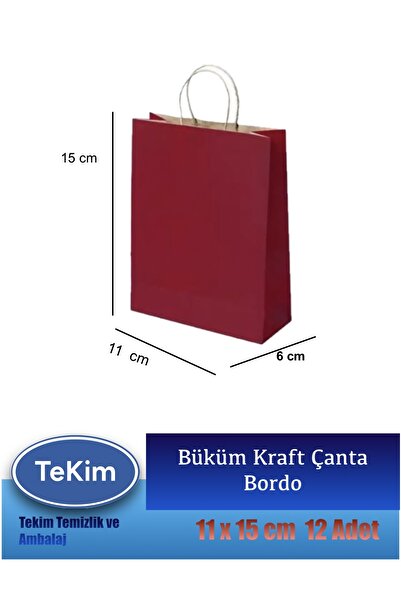 tekim temizlik ve ambalaj Büküm Saplı Mini Hediyelik Kraft Karton Çanta Poşet 12li Paket 15x11x6 cm Bordo