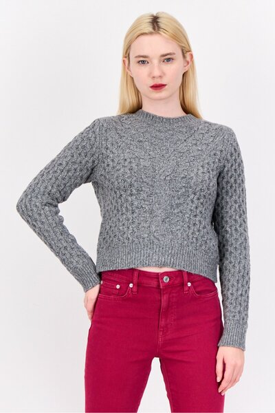 PİNK ROSE Women Crew Neck Long Sleeves Textured Sweaters, Heather Grey