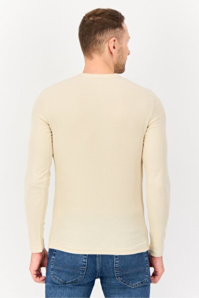 CELIO Men Crew Neck Long Sleeve Plain T-Shirt, Beige