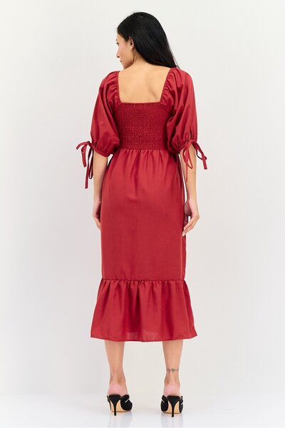 Brave Soul Women Shirred Midi Dress, Red