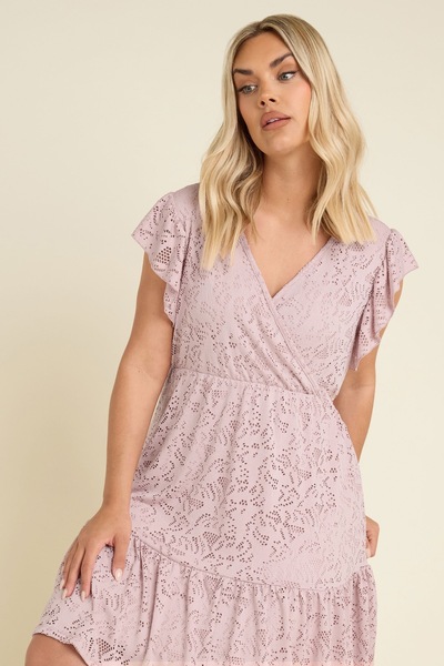Stil Diva Plus Size V-Neck Short Sleeve Lace Detail Ruffled Sleeves Lined Mini Dress 304109