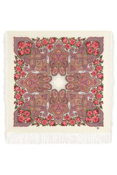 OEM Wool scarf with silk fringes 'Kamarinskaya', PavlovoPosad, Russian style, 'platki' type