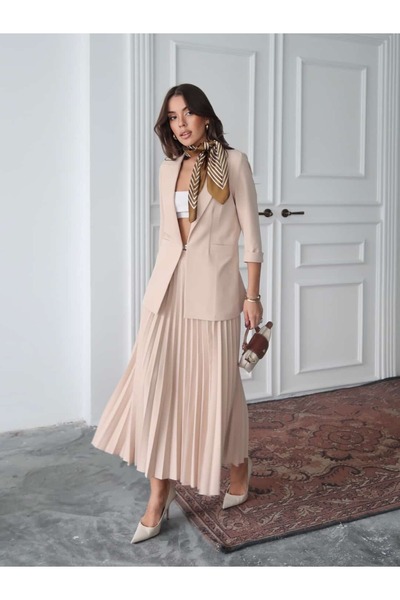 Swass Jacket and Beige Pleated Long Skirt Set