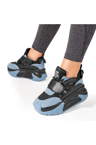 BMoD Pantofi sport cu talpă groasă din piele întoarsă neagră și albastră pent...