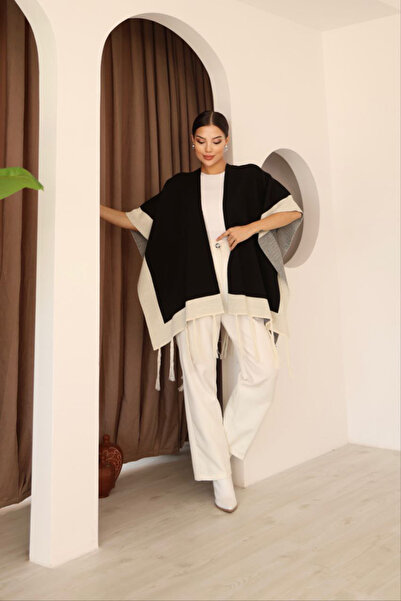 bacc Black Tassel Color Block Winter Knitwear Shawl Bces-253005