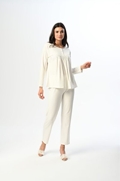 Pelin Women's Gray Lace Detailed Maternity 3-Piece Pajama Set