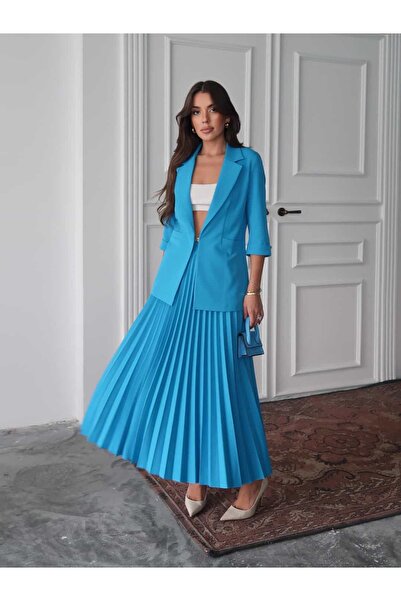 Swass Jacket and Blue Pleated Long Skirt Set