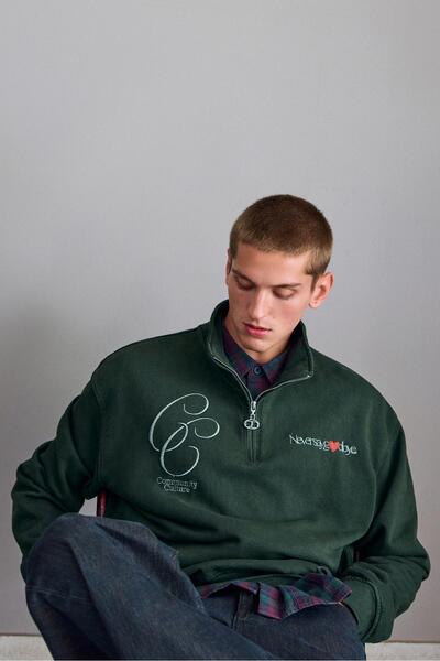 Pull & Bear Nakışlı Fermuarlı Yaka Sweatshirt