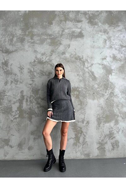 LE CARAMBOLE Women's Anthracite Polo Neck Stripe Detailed Skirt Sweater Two-Piece Set