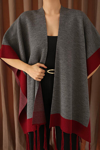 bacc Women's Anthracite Tasseled Color Block Winter Knitwear Shawl Bces-253005