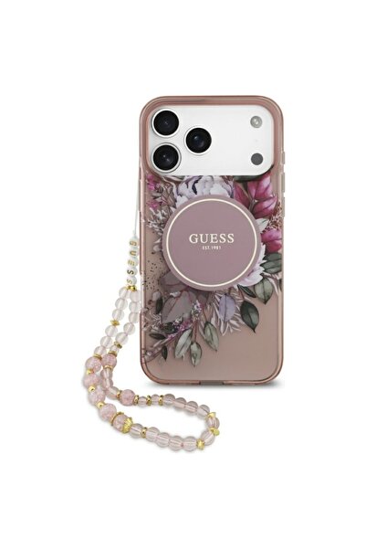 Guess Θήκη για iPhone 17 Pro Max, IML Flowers με λουράκι Pearl Strip MagSafe, - Ροζ