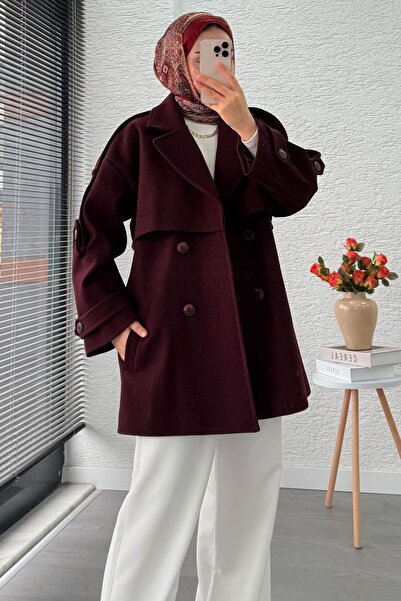 MELEK ARAZ Premium Four-Button Short Cashmere Coat – Plum
