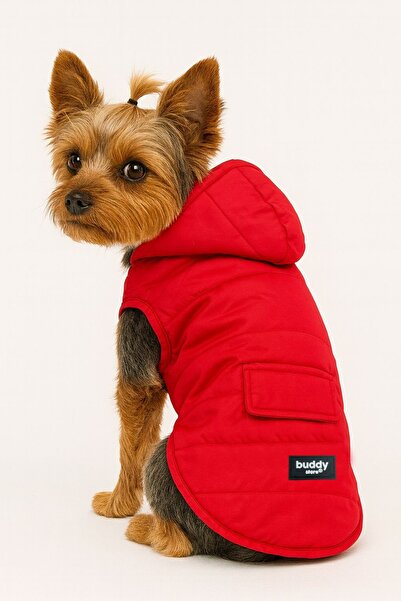 Buddy Store Red Quilted Lined Waterproof Hooded Dog Coat - Easy to Put on Mold