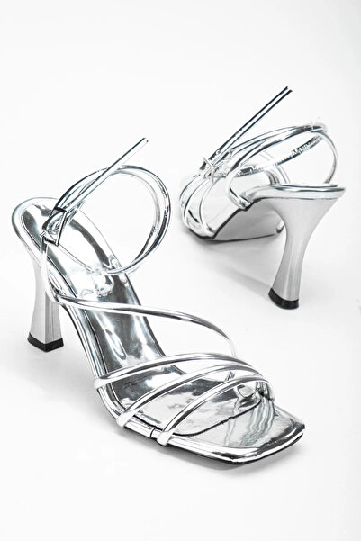 DYG STORE Lame Gümüş Kadın İnce Topuklu Biyeli Yazlık Ayakkabı