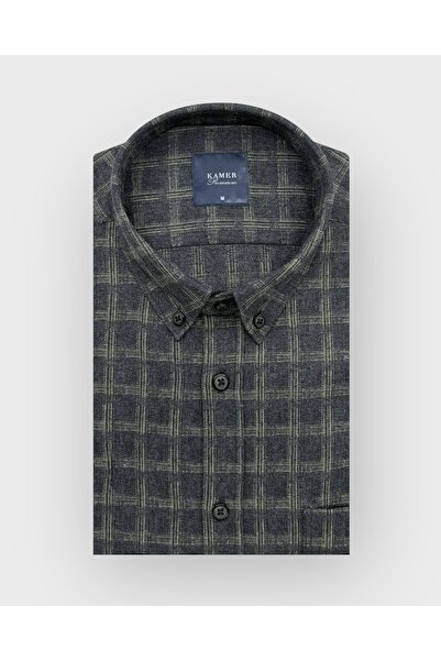 KAMER Men's Regular Fit Winter Long Sleeve Button-Up Collar Single Pocket Green Plaid Shirt 3329Y