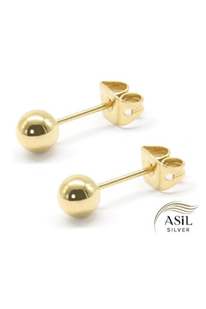 ASİL SİLVER ONLİNE 4 mm Altın Yaldızlı 925 Ayar Gümüş Top Küre Küpe (1 çift)