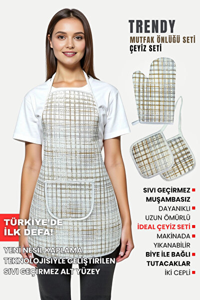 sevilya Trendy 3lü Set Sıvı Su Geçirmez Mutfak Önlüğü Isıya Dayanıklı Fırın Eldiveni Ve Tutacak Çeyiz Seti