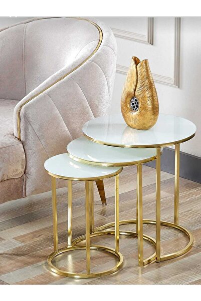 CEOEXPORT CEO GOLD BEYAZ CAM ZİGON SEHPA 3'LÜ METAL ZİGON SEHPA