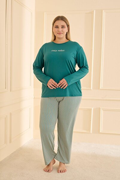 Kompedan Kadın Milan Battal Bisiklet Yaka Pijama Takımı | Petrol 50802-2424