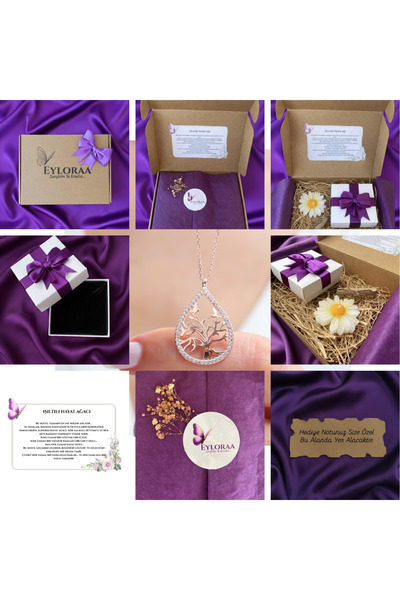 EYLORAA Kadın Gümüş Kolye – 925 Ayar Rose Renk Işıltılı Hayat Ağacı Tasarım, Özel Hediye Paketli