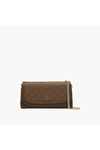 Chrisbella Monogram Embossed Crossbody Bag with Chain Strap and Flap Closure