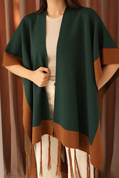 bacc Women's Emerald Green Tassels Color Block Winter Knitwear Shawl Bces-253005