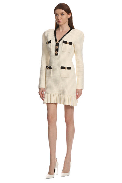 Self Portrait Cream Textured Knit Mini Elbise