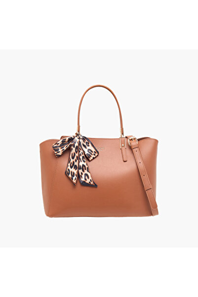 Bessie London Solid Tote Bag with Zip Closure and Scarf Accent