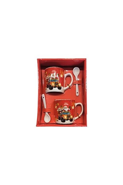 Clini Set de Crăciun 2 căni cu lingurițe, ceramică, 210 ml, Crăciun fericit, Moș Crăciun,