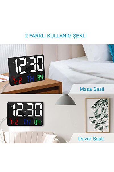 HyMark Dijital Duvar Saati Renkli HD LED Ekran 25X16 Cm Tarih Gün Sıcaklık Alarm USB Dekoratif