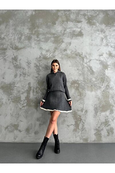 LE CARAMBOLE Women's Anthracite Polo Neck Stripe Detailed Skirt Sweater Two-Piece Set