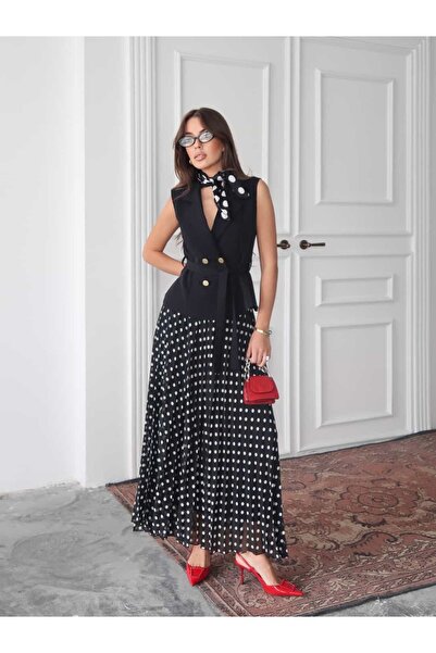 Swass Black Polka Dot Chiffon Pleated Long Skirt and Sleeveless Double Breasted Vest Set